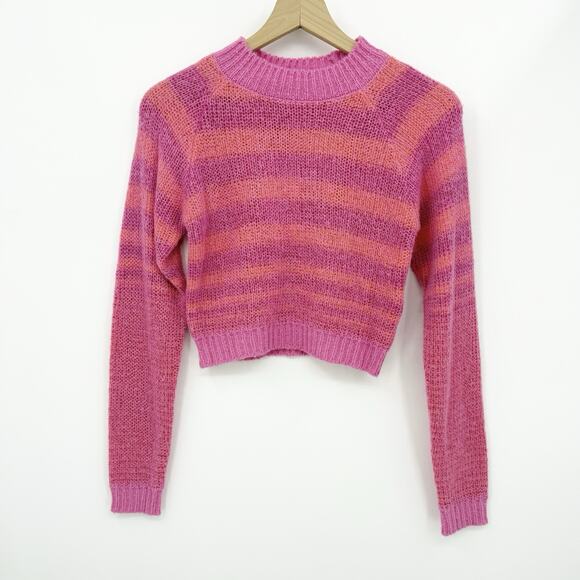 Zara Fuzzy Striped Cropped Sweater M Pink Orange Soft Knit Barbiecore Dopamine - Picture 1 of 10